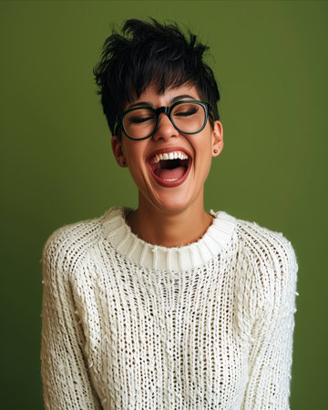 a woman wearing glasses and a sweater laughingの素材