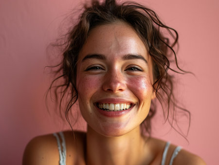 a woman with a smile on her face in front of a pink wallの素材