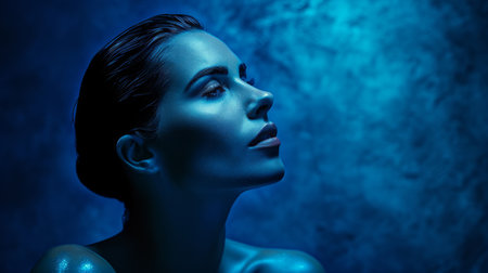 a woman with blue skin and blue hair in front of a dark backgroundの素材