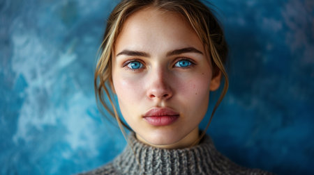 a woman with blue eyes looking at the cameraの素材