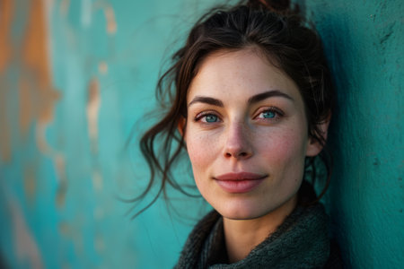 a woman with blue eyes and a scarf is leaning against a wallの素材