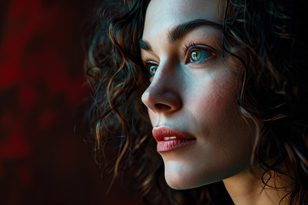 a woman with curly hair and blue eyesの素材