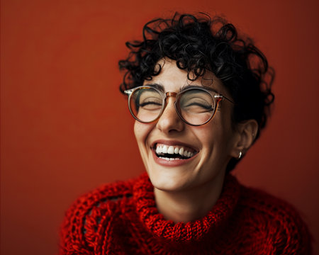 a woman with curly hair and glasses laughingの素材