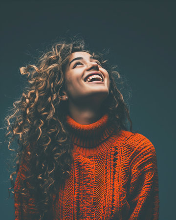 a woman with curly hair is laughing and smilingの素材