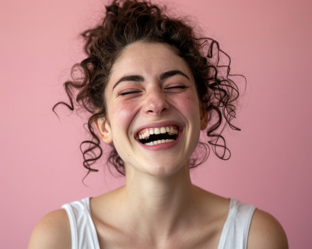 a woman with curly hair is laughingの素材
