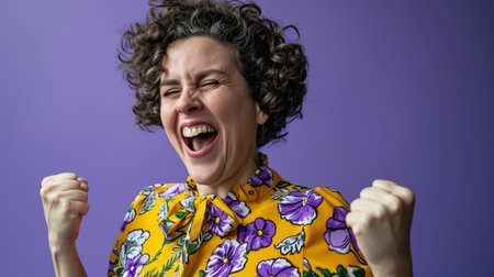 a woman with curly hair in a floral shirtの素材