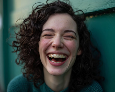a woman with curly hair is laughingの素材
