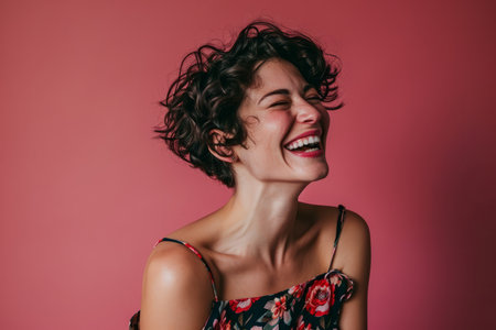 a woman with curly hair laughing on a pink backgroundの素材