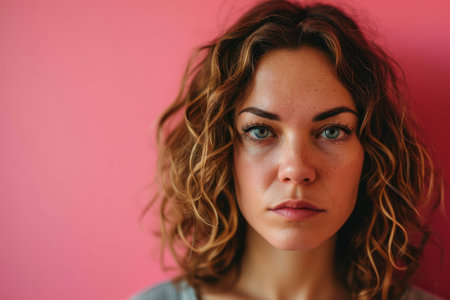 a woman with curly hair looking at the cameraの素材