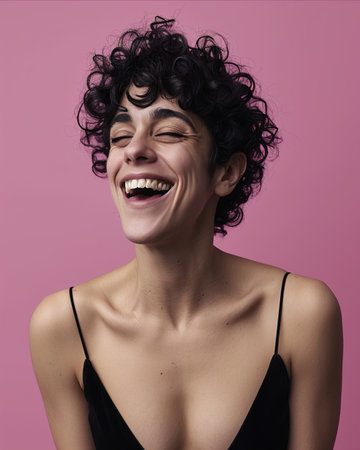 a woman with curly hair laughingの素材