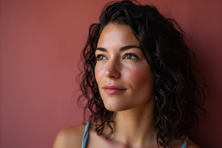 a woman with curly hair looking to the sideの素材