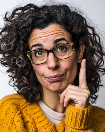 a woman with curly hair wearing glasses and a yellow sweaterの素材