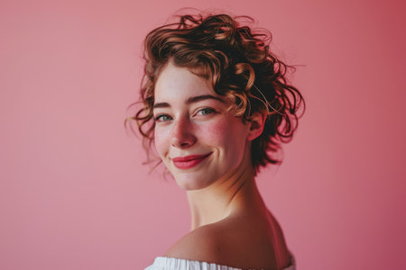 a woman with curly hair smiling and looking at the cameraの素材