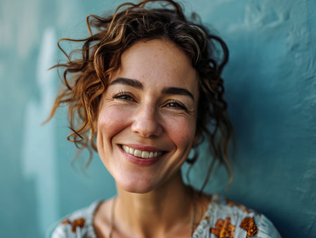 a woman with curly hair smiling in front of a blue wallの素材