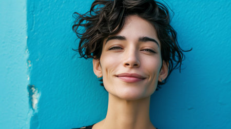 a woman with curly hair smiling and looking up at the cameraの素材