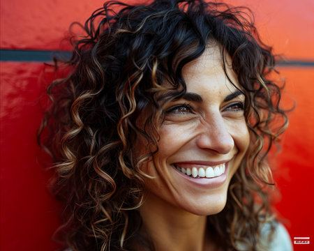 a woman with curly hair smiling at the cameraの素材