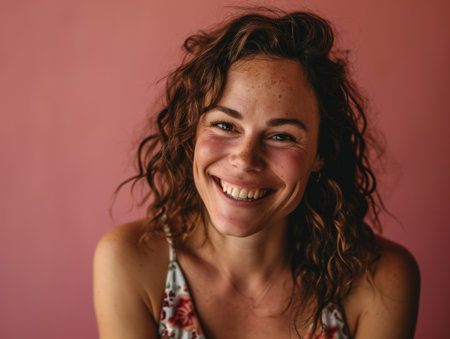 a woman with curly hair smiling at the cameraの素材