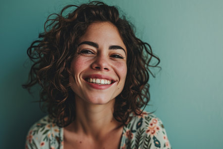 a woman with curly hair smiling and looking at the cameraの素材