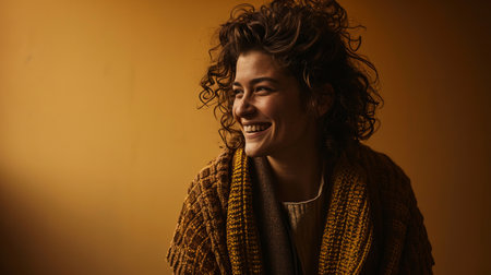a woman with curly hair smiling in front of a yellow wallの素材