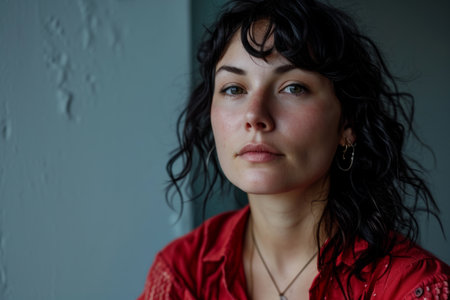 a woman with dark hair and a red shirtの素材