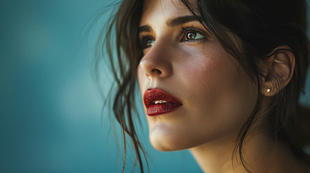 a woman with dark hair and red lipsの素材