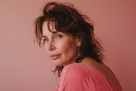 a woman in a pink shirt posing against a pink backgroundの素材