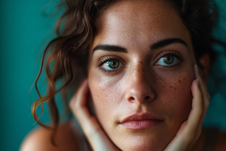 a woman with freckles on her faceの素材