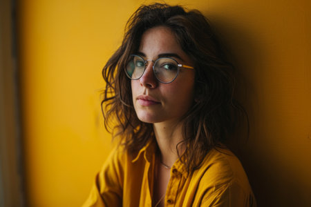 a woman with glasses leaning against a yellow wallの素材