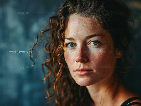 a woman with freckles on her faceの素材