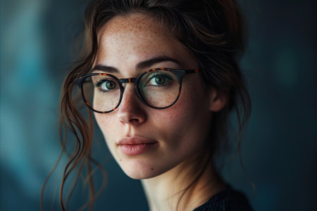 a woman with glasses and freckles looking at the cameraの素材