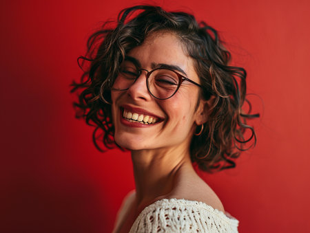 a woman with glasses and curly hair smiling in front of a red wallの素材