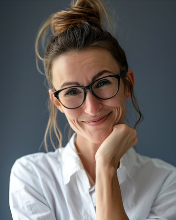 a woman with glasses and a white shirtの素材