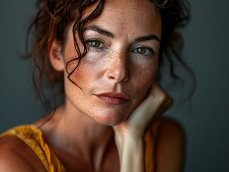 a woman with freckles on her faceの素材