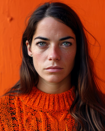 a woman with freckles and an orange sweaterの素材