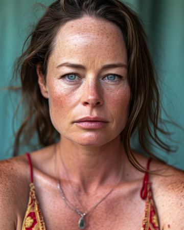 a woman with freckled skin and blue eyesの素材