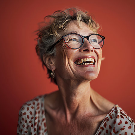 a woman with glasses and a smileの素材