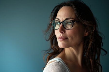 a woman with glasses looking off to the sideの素材