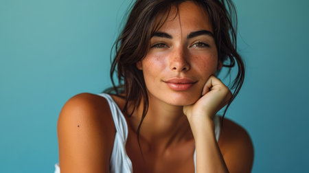 a woman with freckles on her faceの素材