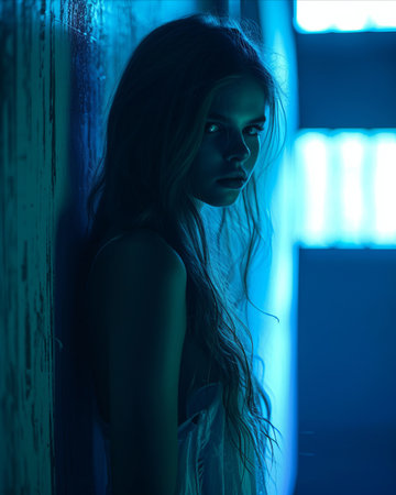 a woman standing in a dark room with blue lightの素材