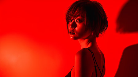 a woman standing in front of a red lightの素材