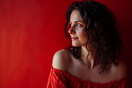 a woman in a red dress against a red wallの素材