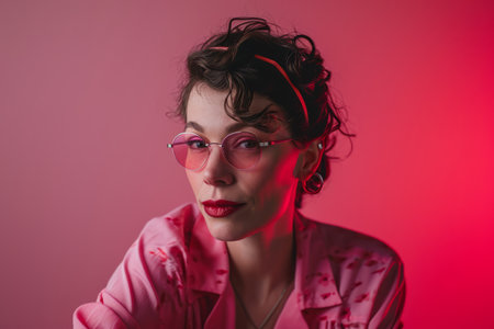 a woman wearing glasses and a pink shirt in front of a red backgroundの素材