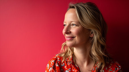 a woman with blonde hair smiling against a red wallの素材
