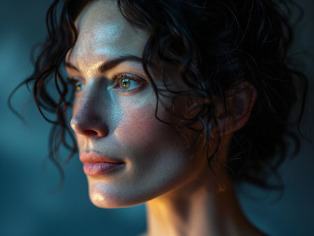a woman with curly hair and blue eyesの素材