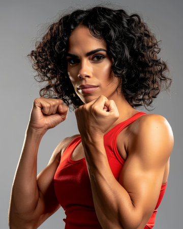 a woman with curly hair and a red tank top is flexing her musclesの素材