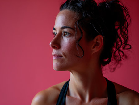 a woman with curly hair and a black tank topの素材