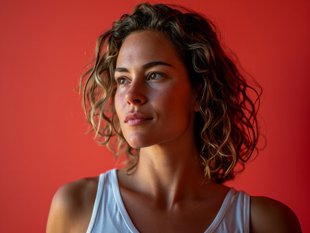 a woman with curly hair and a white tank topの素材