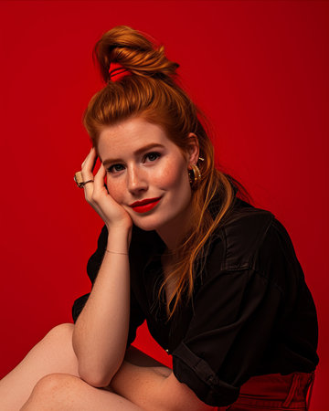 a woman wearing a black shirtの素材