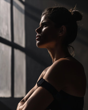 a woman standing in front of a window with her arms crossedの素材