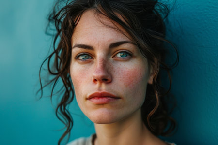 a woman with freckles on her face against a blue wallの素材